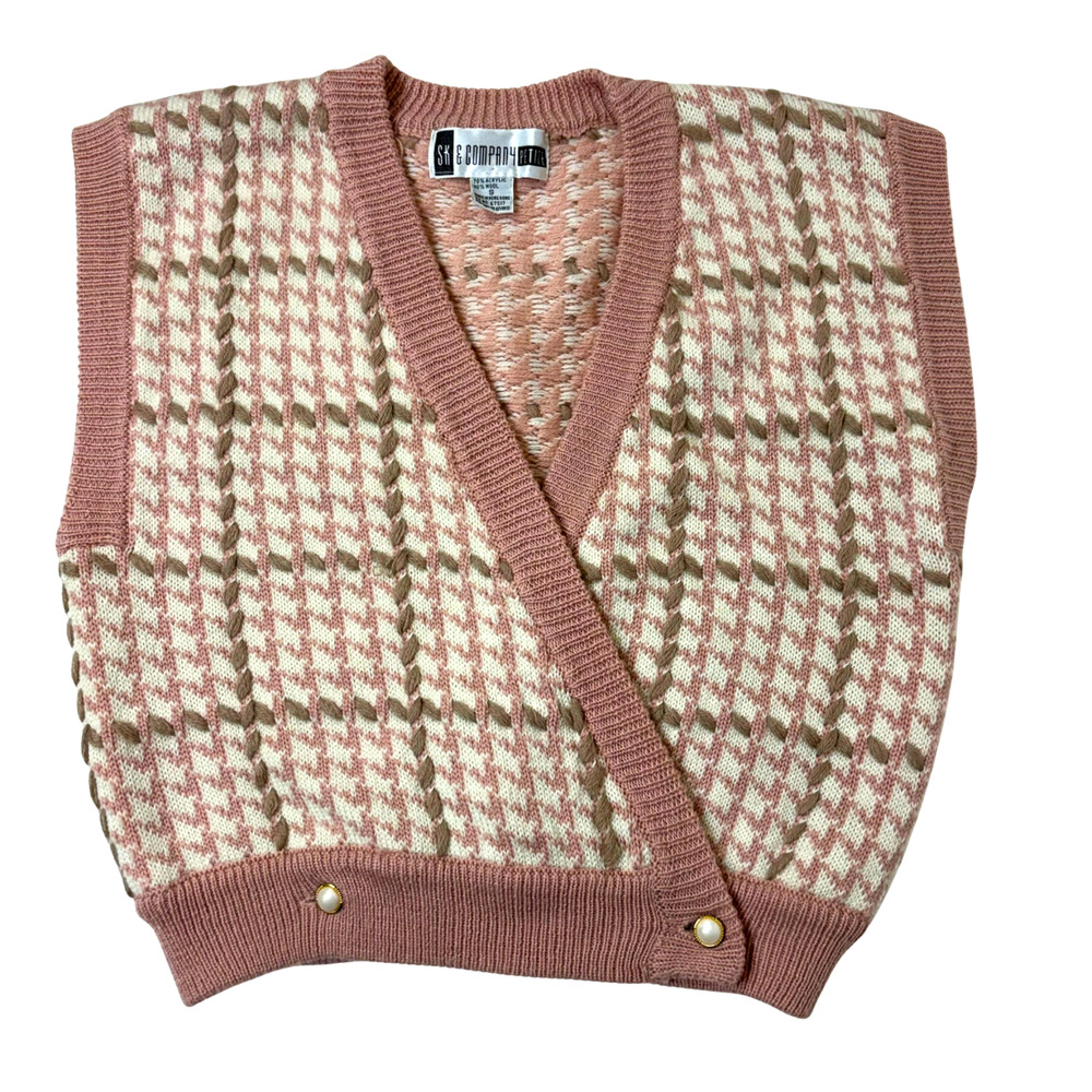 Pink White Sweater Vest Houndstooth Plaid Vintage Women Small SK & Company